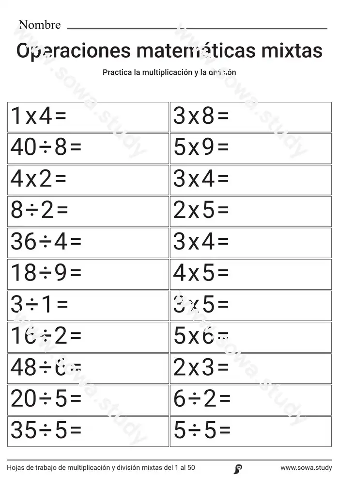 Hojas de trabajo de multiplicación y división mixtas del 1 al 50 Hojas de trabajo de multiplicación y división mixtas del 1 al 50 worksheet