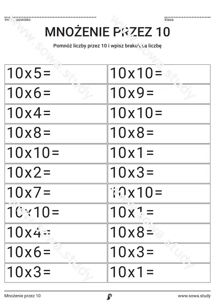 Mnożenie przez 10 Mnożenie przez 10 worksheet