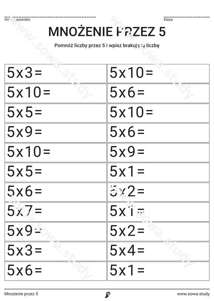 Mnożenie przez 5 Mnożenie przez 5 worksheet