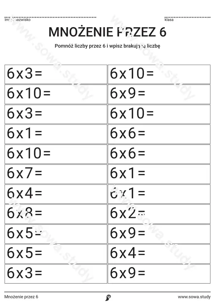 Mnożenie przez 6 Mnożenie przez 6 worksheet