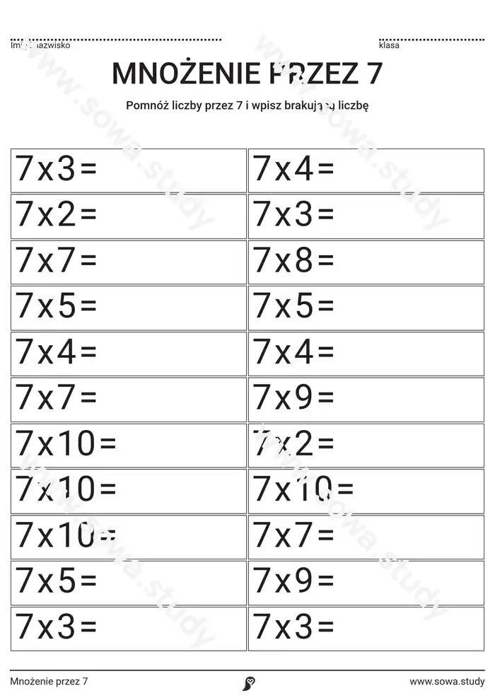 Mnożenie przez 7 Mnożenie przez 7 worksheet