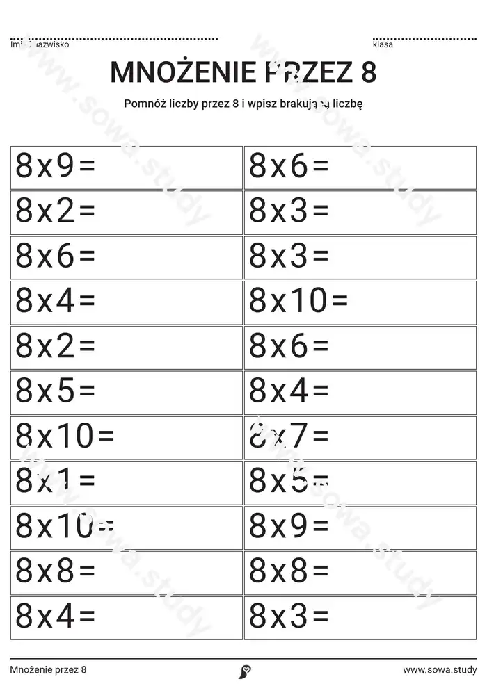 Mnożenie przez 8 Mnożenie przez 8 worksheet