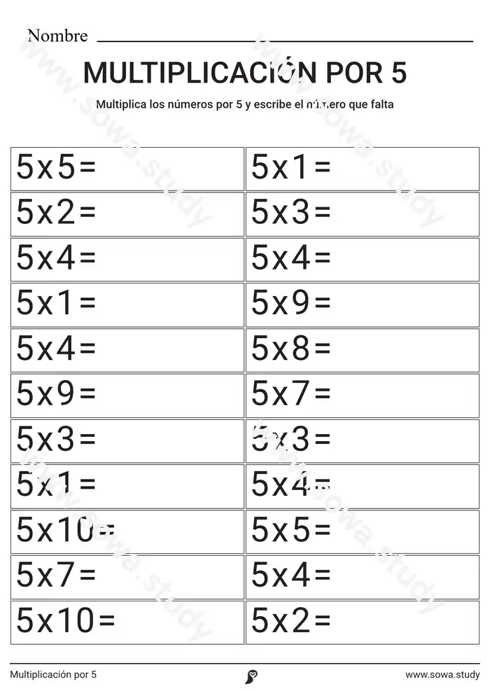 Multiplicación por 5 worksheet