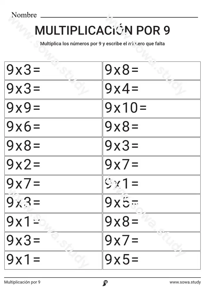 Multiplicación por 9 Multiplicación por 9 worksheet