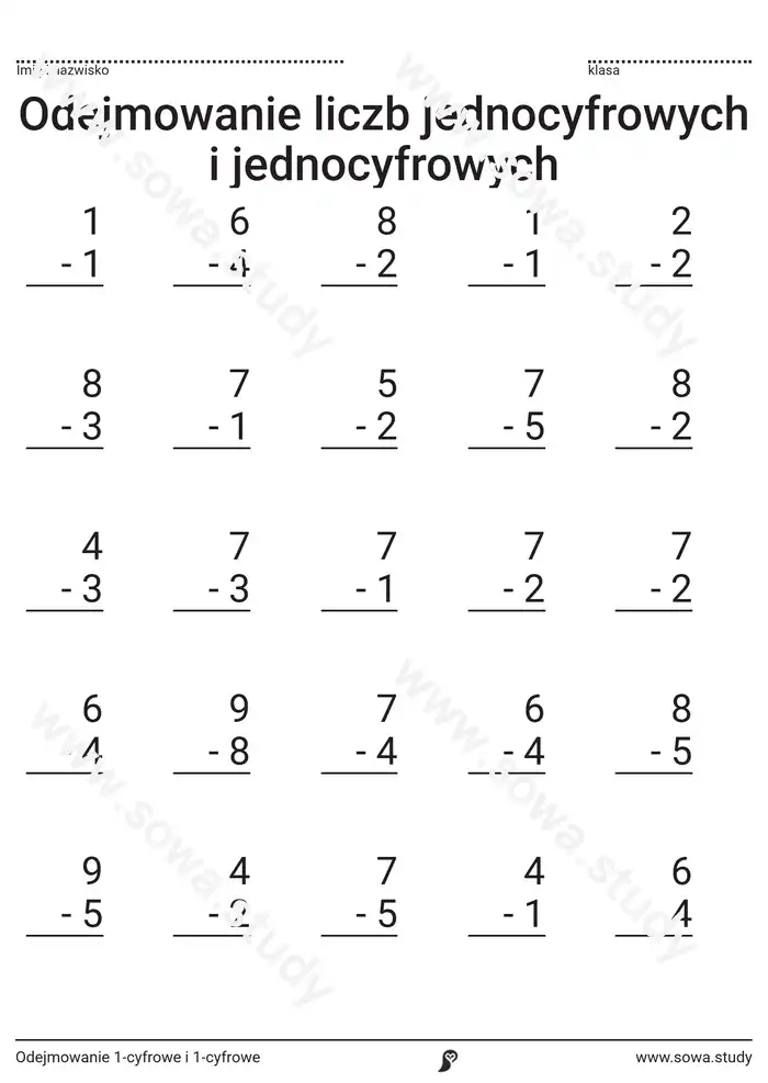 Odejmowanie 1-cyfrowe i 1-cyfrowe Odejmowanie 1-cyfrowe i 1-cyfrowe worksheet