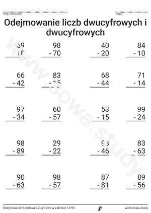 Odejmowanie 2-cyfrowe i 2-cyfrowe w zakresie 10-99