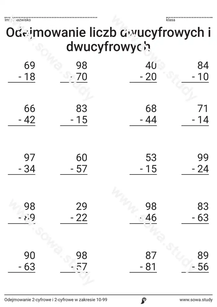 Odejmowanie 2-cyfrowe i 2-cyfrowe w zakresie 10-99 Odejmowanie 2-cyfrowe i 2-cyfrowe w zakresie 10-99 worksheet