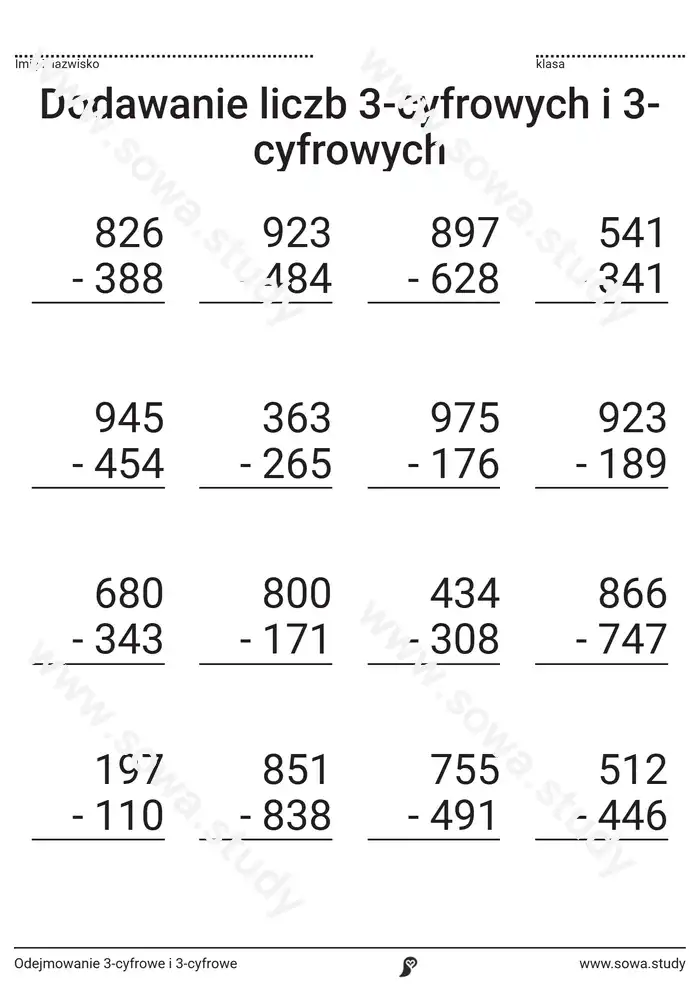 Odejmowanie 3-cyfrowe i 3-cyfrowe Odejmowanie 3-cyfrowe i 3-cyfrowe worksheet