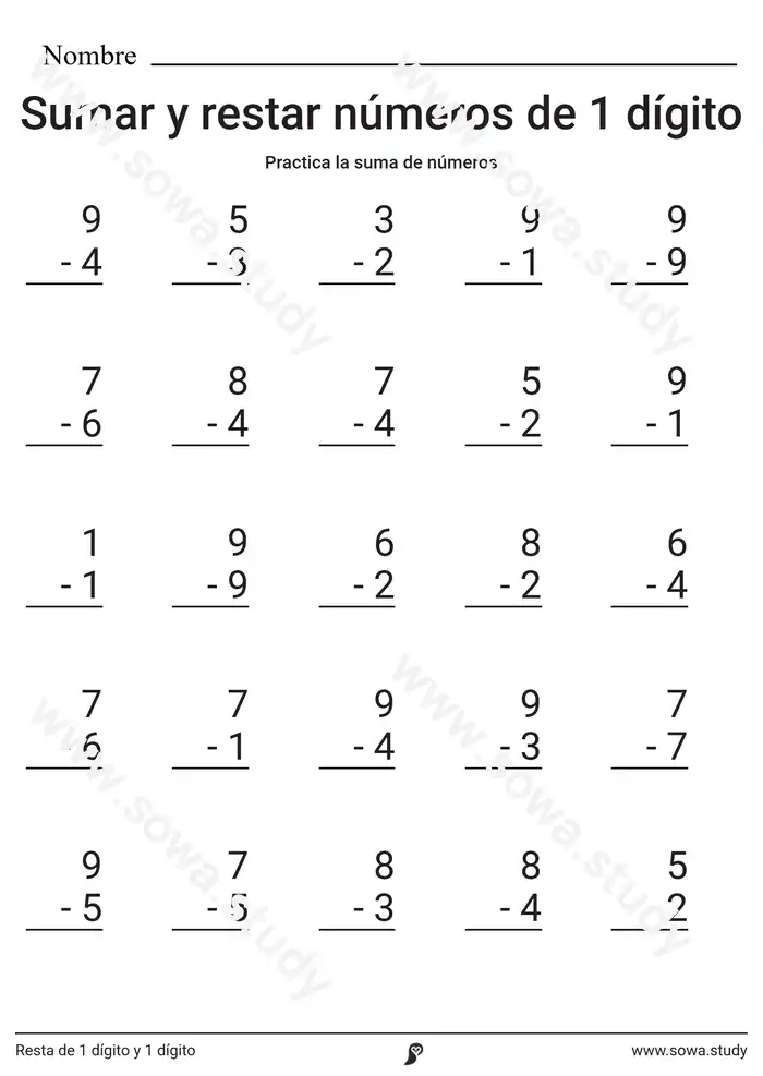 Resta de 1 dígito y 1 dígito worksheet