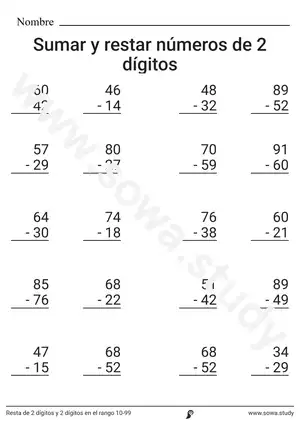 Resta de 2 dígitos y 2 dígitos en el rango 10-99