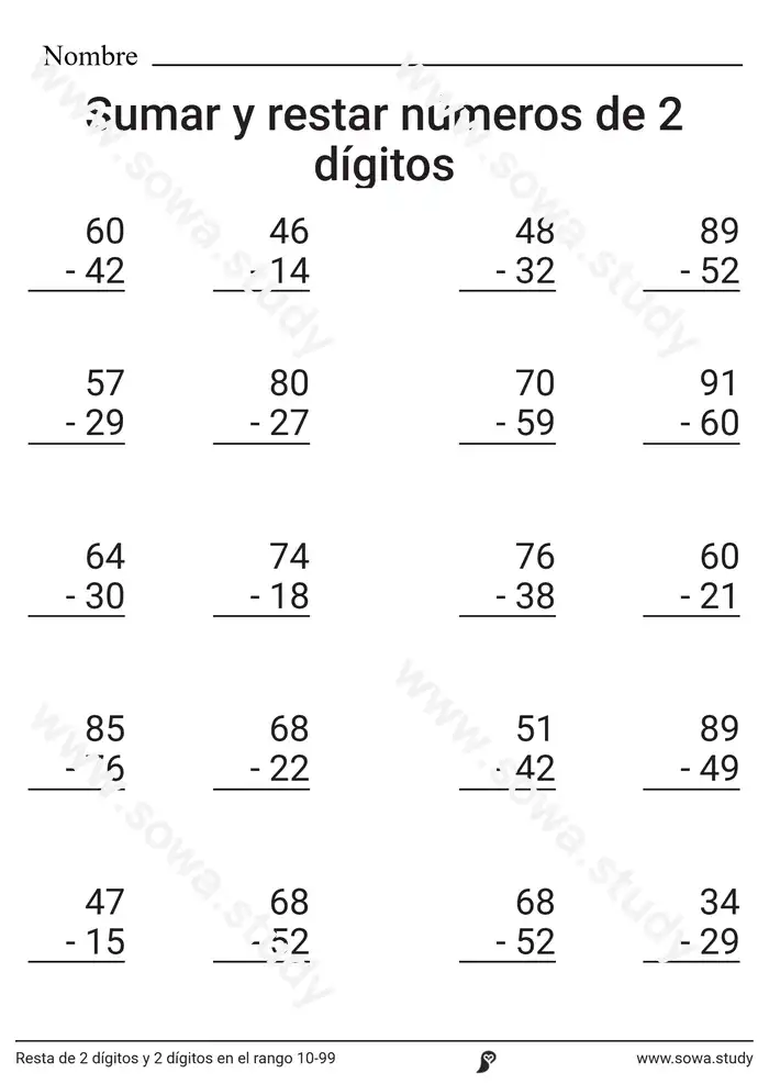 Resta de 2 dígitos y 2 dígitos en el rango 10-99 Resta de 2 dígitos y 2 dígitos en el rango 10-99 worksheet