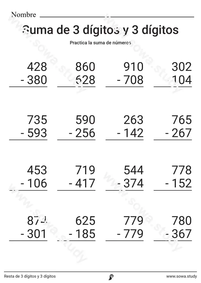 Resta de 3 dígitos y 3 dígitos Resta de 3 dígitos y 3 dígitos worksheet