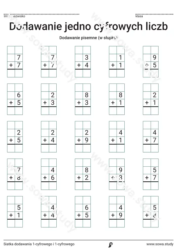 Siatka dodawania 1-cyfrowego i 1-cyfrowego Siatka dodawania 1-cyfrowego i 1-cyfrowego worksheet