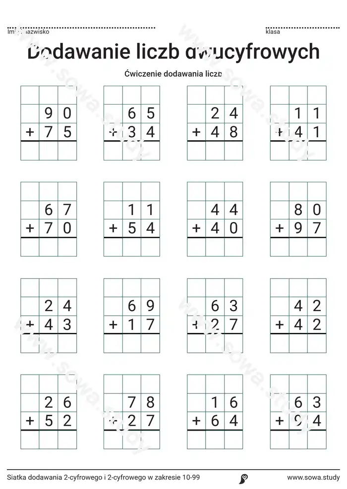 Siatka dodawania 2-cyfrowego i 2-cyfrowego w zakresie 10-99 Siatka dodawania 2-cyfrowego i 2-cyfrowego w zakresie 10-99 worksheet