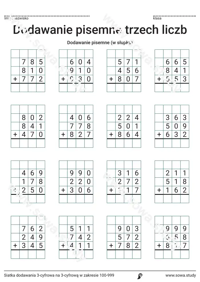 Siatka dodawania 3-cyfrowa na 3-cyfrową w zakresie 100-999 Siatka dodawania 3-cyfrowa na 3-cyfrową w zakresie 100-999 worksheet