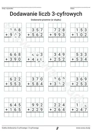 Siatka dodawania 3-cyfrowego i 3-cyfrowego
