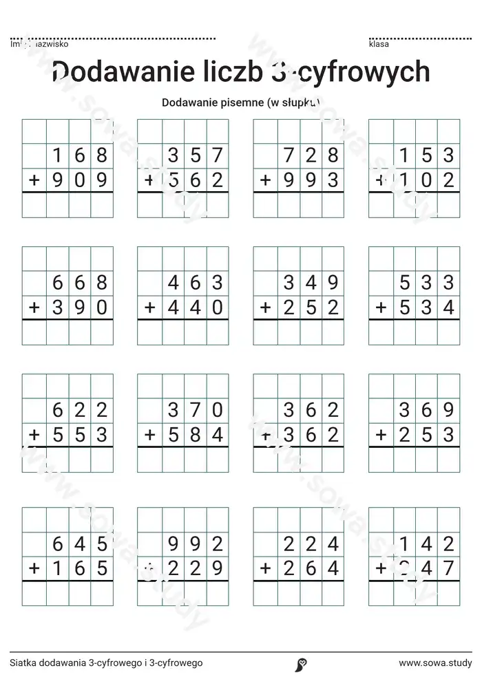Siatka dodawania 3-cyfrowego i 3-cyfrowego Siatka dodawania 3-cyfrowego i 3-cyfrowego worksheet