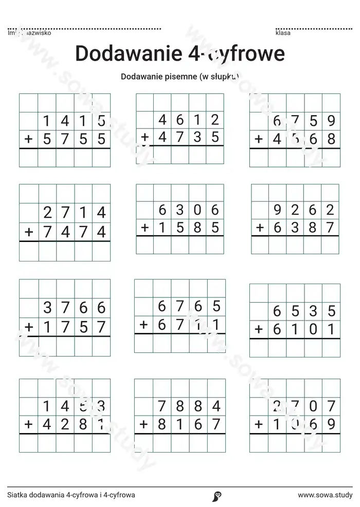 Siatka dodawania 4-cyfrowa i 4-cyfrowa Siatka dodawania 4-cyfrowa i 4-cyfrowa worksheet