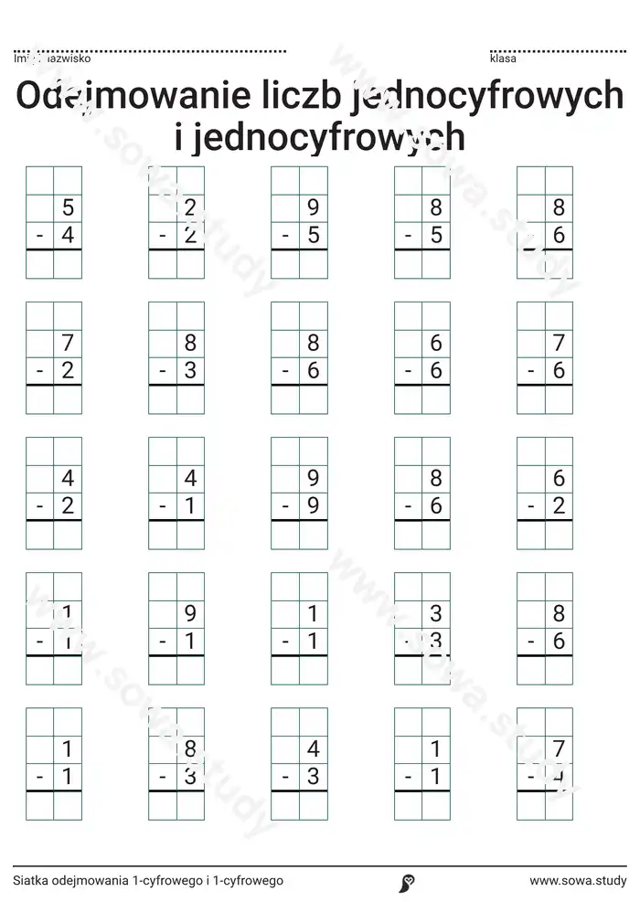 Siatka odejmowania 1-cyfrowego i 1-cyfrowego Siatka odejmowania 1-cyfrowego i 1-cyfrowego worksheet