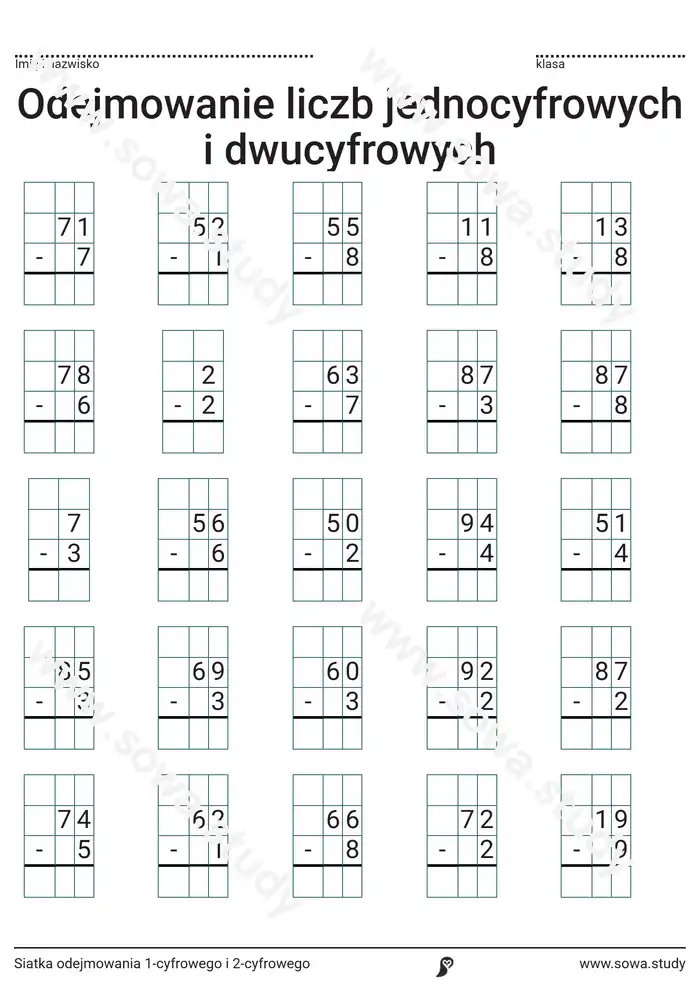 Siatka odejmowania 1-cyfrowego i 2-cyfrowego Siatka odejmowania 1-cyfrowego i 2-cyfrowego worksheet