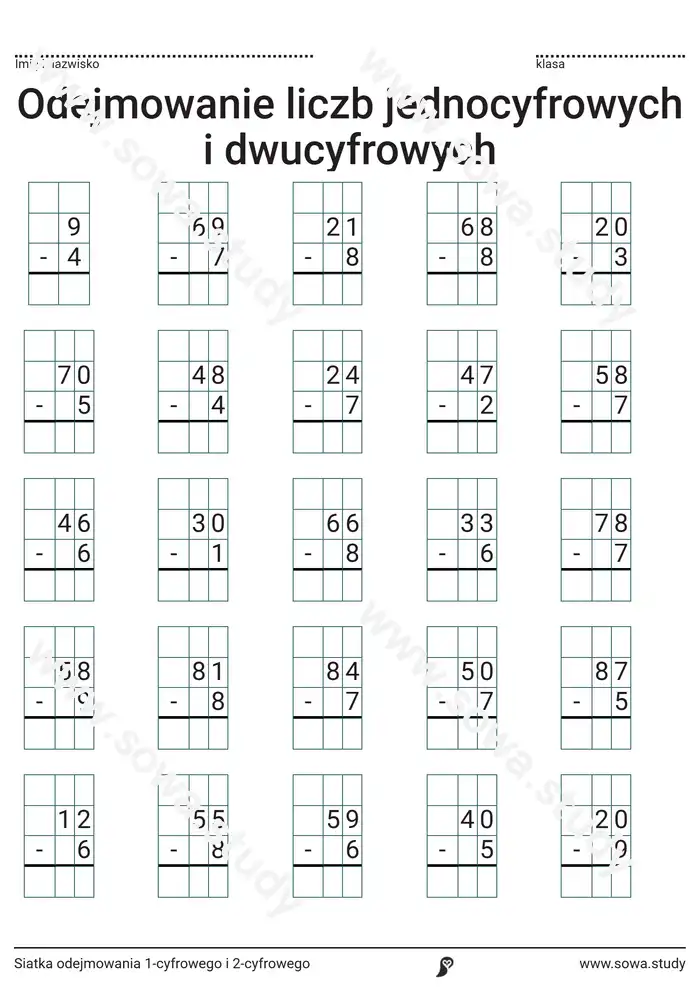 Siatka odejmowania 1-cyfrowego i 2-cyfrowego Siatka odejmowania 1-cyfrowego i 2-cyfrowego worksheet