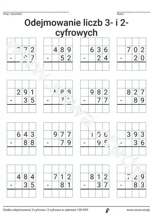 Siatka odejmowania 3-cyfrowa i 2-cyfrowa w zakresie 100-999