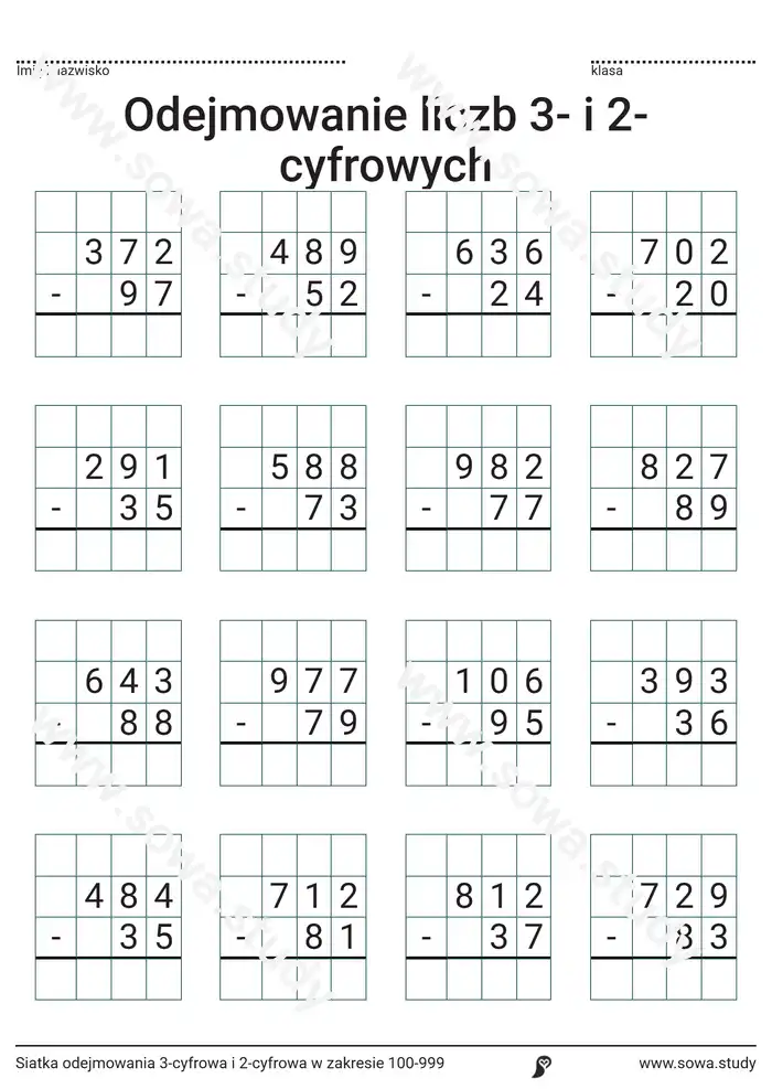 Siatka odejmowania 3-cyfrowa i 2-cyfrowa w zakresie 100-999 Siatka odejmowania 3-cyfrowa i 2-cyfrowa w zakresie 100-999 worksheet