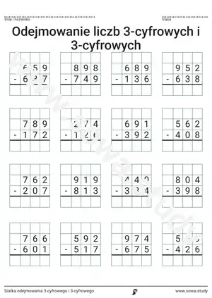 Siatka odejmowania 3-cyfrowego i 3-cyfrowego