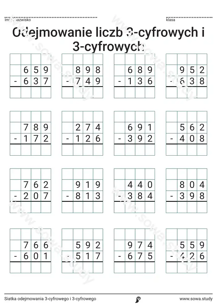 Siatka odejmowania 3-cyfrowego i 3-cyfrowego Siatka odejmowania 3-cyfrowego i 3-cyfrowego worksheet