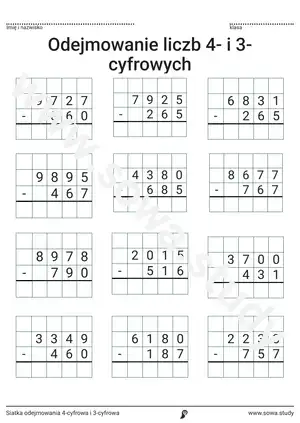 Siatka odejmowania 4-cyfrowa i 3-cyfrowa