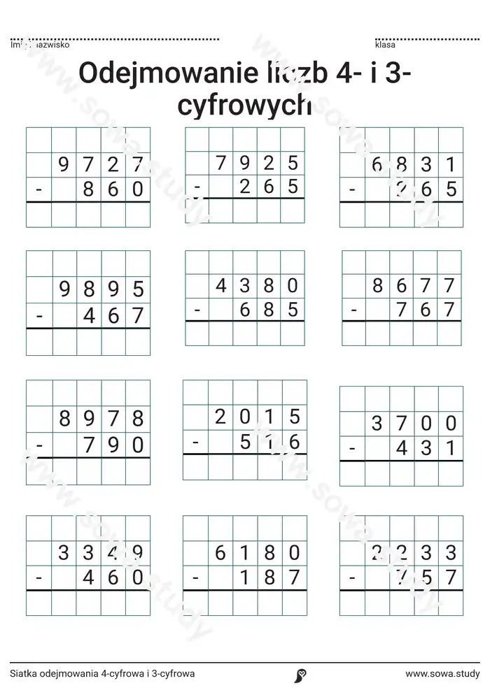 Siatka odejmowania 4-cyfrowa i 3-cyfrowa Siatka odejmowania 4-cyfrowa i 3-cyfrowa worksheet