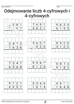 Siatka odejmowania 4-cyfrowa i 4-cyfrowa