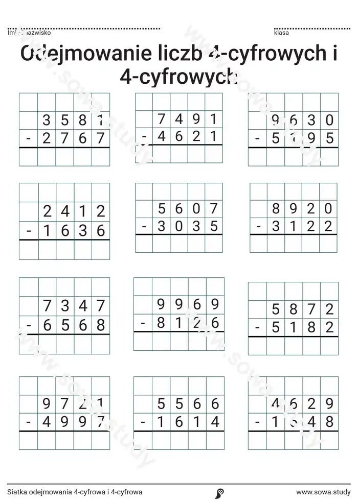 Siatka odejmowania 4-cyfrowa i 4-cyfrowa Siatka odejmowania 4-cyfrowa i 4-cyfrowa worksheet
