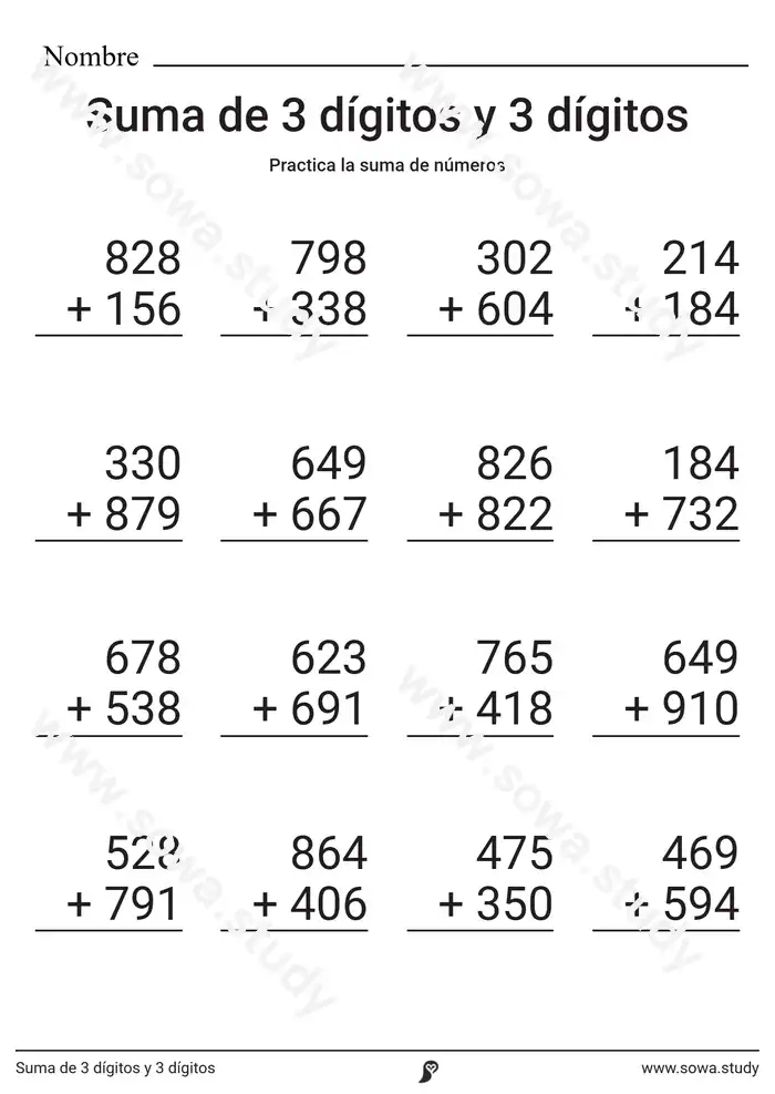 Suma de 3 dígitos y 3 dígitos Suma de 3 dígitos y 3 dígitos worksheet