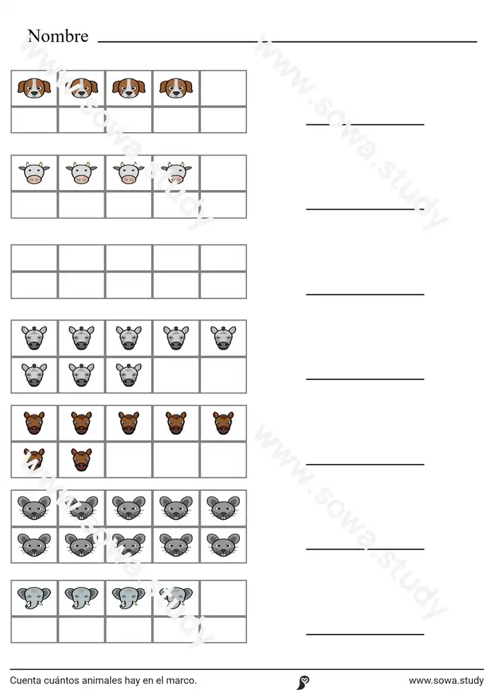 Cuenta cuántos animales hay en el marco. worksheet