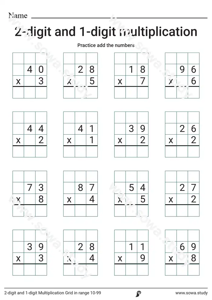 2-digit and 1-digit Multiplication Grid in range 10-99 2-digit and 1-digit Multiplication Grid in range 10-99 worksheet