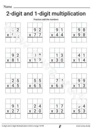 2-digit and 2-digit Multiplication Grid  in range 10-99