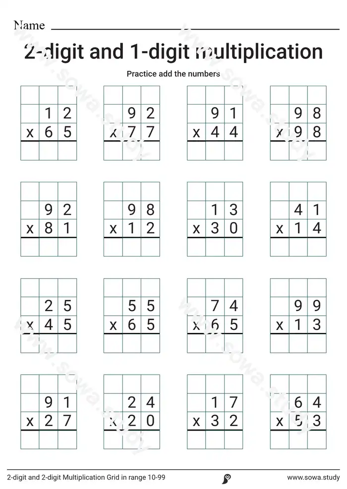 2-digit and 2-digit Multiplication Grid  in range 10-99 worksheet