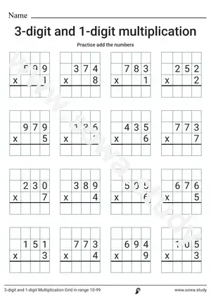3-digit and 1-digit Multiplication Grid  in range 100-999