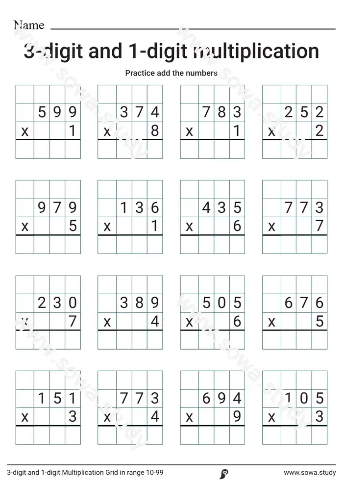 3-digit and 1-digit Multiplication Grid in range 100-999 3-digit and 1-digit Multiplication Grid in range 100-999 worksheet