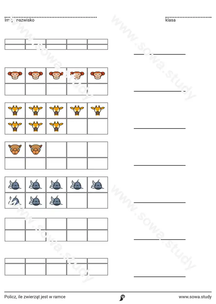 Policz, ile zwierząt jest w ramce Policz, ile zwierząt jest w ramce worksheet
